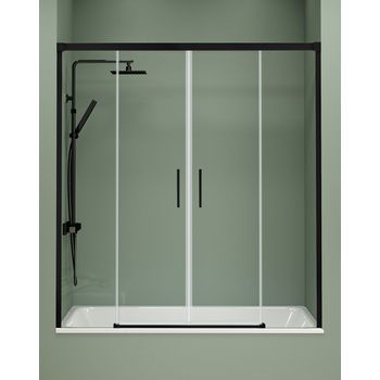 Mampara Bañera Frontal Corredera 2 Puertas - 2 Fijos | Vidrio Templado De 6mm | Antical | 140-180cm | Transparente - Negro Mate - 140 Cm (adaptable 134-139cm)