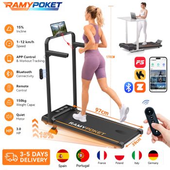 RAMYPOKET cinta de correr para el hogar, 3.0 HP, velocidad de 1 a 12 km/h, inclinación del 15%, capacidad de carga de 150 kg, ajustable con control por APP
