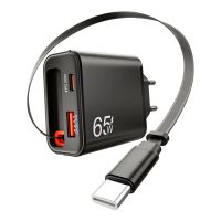 gan tech cargador usb pd de 2 puertos pd65w con cable retractil type-c  usb-a  usb-c pd qc30 cargador de pared rapi