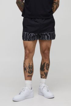 Pantalón Corto De Nailon Con Estampado Y Cintura Elástica, Negro