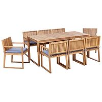 conjunto de jardin 8 plazas rustico de madera de acacia certificada sillas con cojines de asiento azul sassari ii