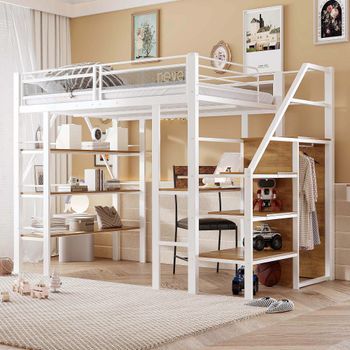 Cama Alta De 140x200 Cm Con Escritorio, Estantería Y Armario, Blanca