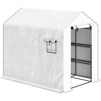 Outsunny Invernadero de jardín 3 m² con estantes de 3 niveles, PE reforzada 135 g/m² anti-UV, puerta enrollable y ventanas de malla   Aosom España