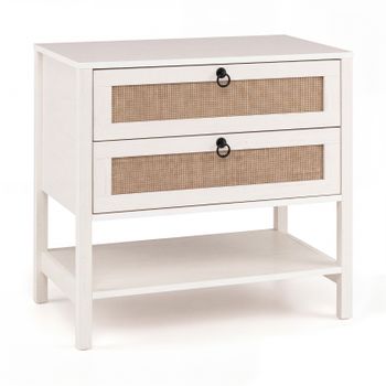 Costway Mesita de Noche Blanca con Dos Cajones de Ratán y Estante Abierto Almacenamiento Decorativo para Dormitorio Salón 68 x 40 x 65 cm Blanco