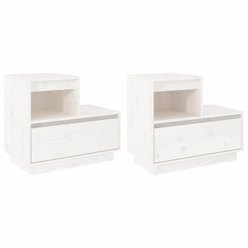 Pack 2 Uds Mesitas De Noche | Mesa Auxiliar | Mesilla Madera Maciza De Pino Blanco 60x34x51 Cm