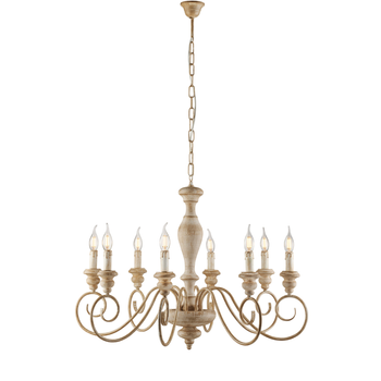 Lámpara De Araña Cascina De Madera Y Hierro Blanco Y Gris Tórtola 8 Luces 121 Ø82 Bl265-8-bt