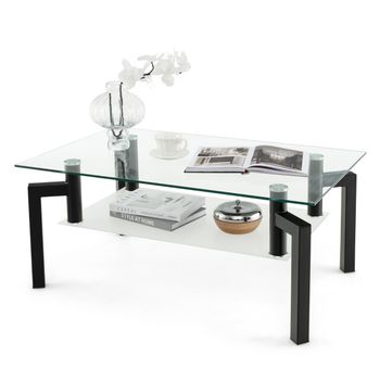 Costway Mesa de Centro de Cristal Rectangular Moderna de 2 Niveles Tablero Estante de Vidrio Templado Mesa Baja para Salón 100 x 60 x 43 cm Negro
