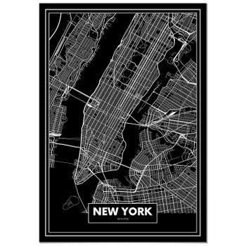 Panorama Cartón Pluma Mapa Negro De Nueva York 70 X 100 Cm | Impreso En Cartón Pluma De Alta Calidad | Cuadros Decoración Salón | Cuadros Para