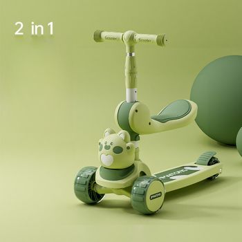 Patineta 2 En 1 Verde Para Niños, Ajustable, Triciclo Y Draisienne