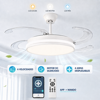 Ventilador de Techo con Luz LED 105 cm, 4 Aspas Retráctiles, Motor DC Silencioso, 6 Velocidades, Mando, Luz CCT de 3 Tonos, Temporizador, Modo Verano/Invierno, Blanco