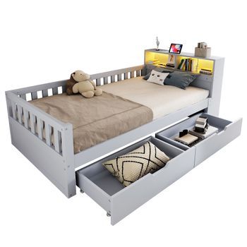 Sofá Cama Multifuncional Y Cama Individual 90x200 Cm Gris Con Cajones Y Led, Madera