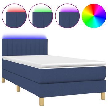 Cama Para Adultos | Cama Box Spring Con Colchón Y Led Tela Azul 80x200 Cm