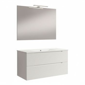 Kibath Mueble De Baño Con Lavabo, Espejo Y Aplique Led Boreal 80x45 Cm Acabado Blanco Mate 2 Cajones Suspendido