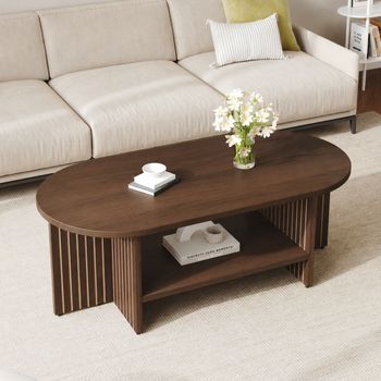 Mesa De Centro Ovalada De Mdf, 100 × 49 × 35 Cm, Diseño Estriado Y Balda Inferior