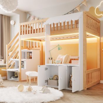 Cama Alta De Madera 90x200 Con Armario, Escalera Y Luces Led
