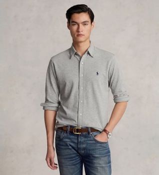 Polo Ralph Lauren para hombre. 710654408019 Camisa de piqué ultraligera gris (XL), Casual, Algodón, Manga larga