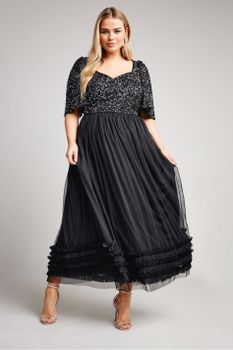 Luxe Vestido Largo Negro Lentejuelas Escote Corazón, Mujer Curvy Y Tallas Grandes, Luxe: Ultimate Embellishment