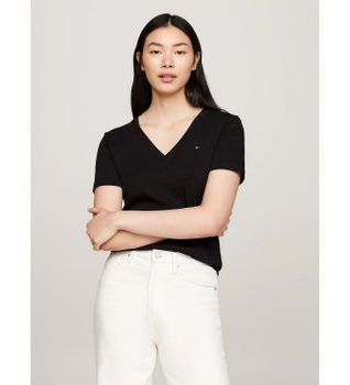 Tommy Hilfiger para mujer. WW0WW40584 Camiseta slim con cuello de pico negro (XS), Casual, Algodón, Manga corta