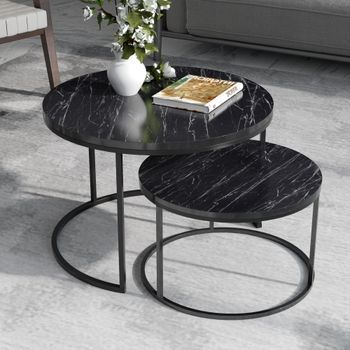 Set De 2 Mesas De Centro Nido Skagen 50xø70 Cm - Mármol Negro [en.casa]