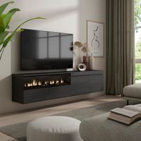 mueble tv efecto madera negro 200x35x45cm chimenea efecto fuego