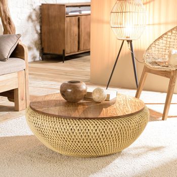 Mesa de centro redonda de ratán beige con tablero desmontable d81