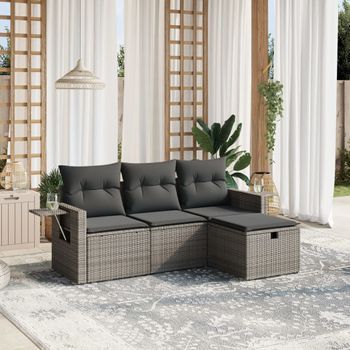 Conjunto De Sofás De Jardín 4 Uds | Mueble Jardin Mesa Y Sillas Y Cojines Ratán Sintético Gris Cfw525983