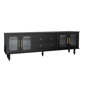 Mueble Tv Negro De 175 Cm Con Cuatro Puertas De Cristal Estriado