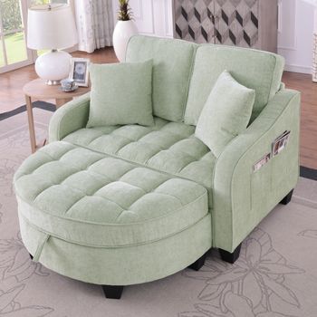Sofá Cama Con Taburete - Mueble Para Salón - Eucalipto Y Chenilla - Cian (132x129x93cm)