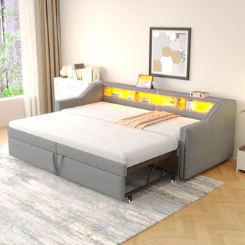 Cama Nido 90/180 X 200 Cm Con Compartimento De Almacenaje - Leds Y Puertos Usb - Somier De Láminas - Gris Claro (sin Colchón)