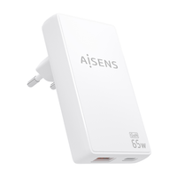 aisens cargador de pared gan ultra delgado 65w 1xusb c pd3 0 qc4 0 1xusb a qc3 0 blanco