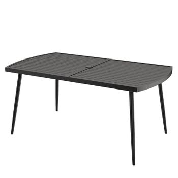 Costway Mesa Comedor Rectangular 160x90cm con Orificio Sombrilla 4cm Encimera Listones Metálicos para Patio Jardín Carga 100kg Negro