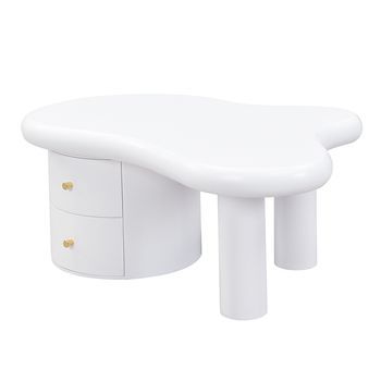 Mesa De Centro Blanca De Forma Orgánica, 97 X 64 X 42 Cm Y 2 Cajones