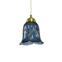 lampara colgante de cristal con metal y cable textil trenzado azul