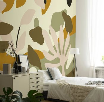 Papel pintado panorámico con motivos vegetales, marrón claro