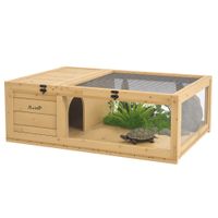 casa para tortugas de madera con techo de malla y paneles laterales transparentes extraibles 91x605x32 cm