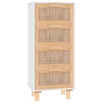 Aparador Blanco Madera Pino Maciza Y Ratán Natural 40x30x90 Cm
