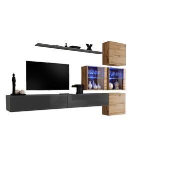 Conjunto De Muebles De Salón Switch Xix Diseño, Color Gris Brillante Y Roble Wotan.
