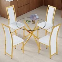 conjunto de mesa y 4 sillas - comedor - cristal y metal - blanco y dorado 88x88x75cm
