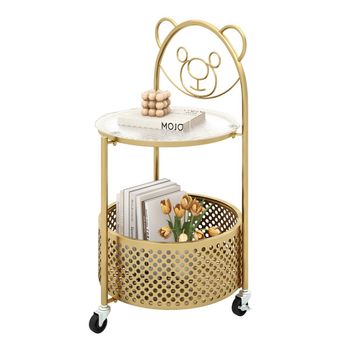 Costway Mesa de Café de Vidrio Móvil Mesa Auxiliar de 2 Niveles con Patrón de Oso Cesta de Almacenamiento Marco de Metal Mesa Lateral Moderna