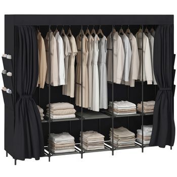 Armario Ropero De Tela Con Estructura De Acero, 5 Barras Y 5 Estantes, 212 X 45 X 167 Cm – Negro