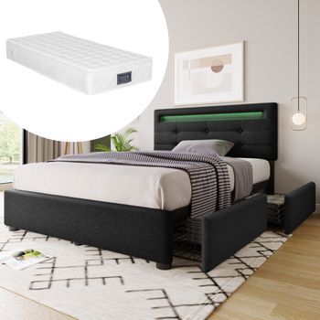 Cama 90 X 200 Cm - Tejido De Lino - Led - Negro + Colchón