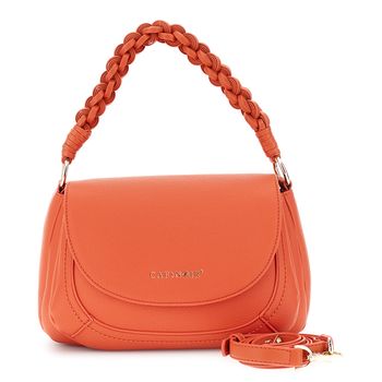 bolso de mano con solapa efecto piel granulada y asa tejida coral