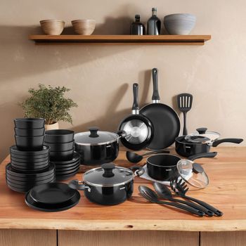 6 piezas, set de cocina, gres esmaltado, resistente, vajilla, negro