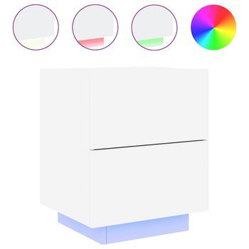 Mesita De Noche | Mesa Auxiliar | Mesilla Con Luces Led Madera De Ingeniería Blanca