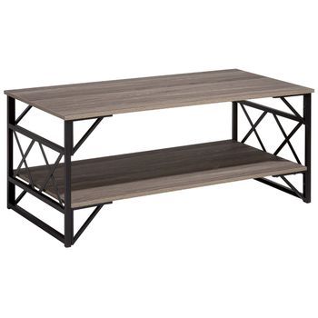 Mesa De Centro Con Tablero De Madera Gris Pardo Marco De Metal Negro Estante 120 X 60 Cm Tablero De Partículas Industrial Bolton