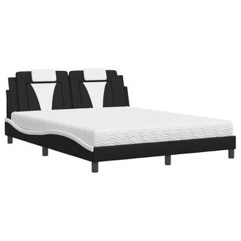Cama Matrimonial | Cama Para Adultos | Cama Con Colchón Cuero Sintético Negro Y Blanco 160x200 Cm