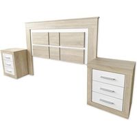 bricoexpo - pack cabecero de 160 x 120 cm  2 mesitas de noche  dormitorio completo  color cambria y blanco para cama de 135-140 o 160