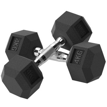 HOMCOM Juego de Mancuernas de 4kg con Barra de Conexión Metálica y Cabeza Hexagonal para Entrenamiento en Casa Negro y Plata