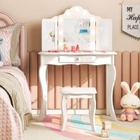 tocador infantil 2 en 1 con luces led espejo plegable y cajones blanco 70 cm