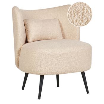 Sillón Sala De Estar Asiento Respaldo Curvo Diseño Glamour Bouclé Tapicería Patas Negras Beige Otsby
